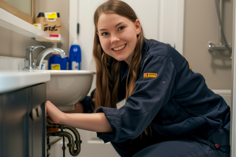 evolvinginnovator_A_confident_female_plumber_smiling_while_chec_bacf8cbd-3814-443c-9377-09769bdb1f57
