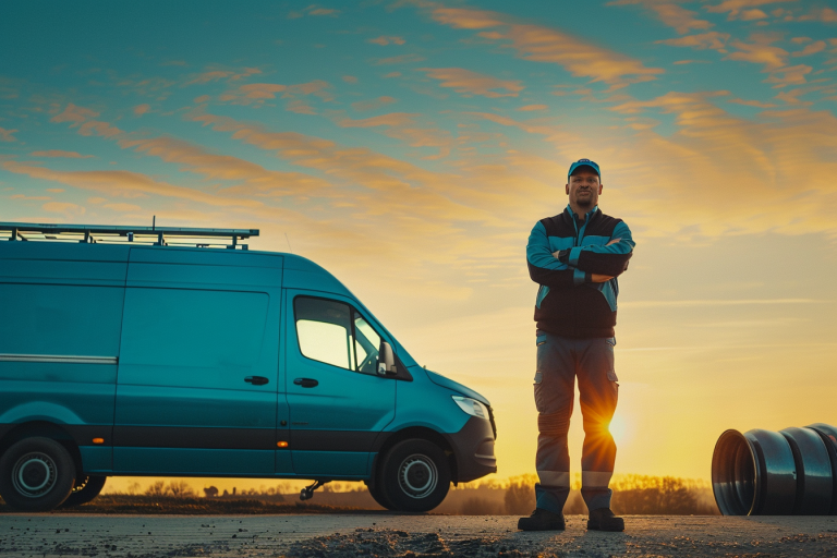 evolvinginnovator_A_skilled_plumber_standing_beside_his_branded_9ada85d0-d9ed-4840-a476-2dc8353e826f